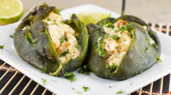 Potato Stuffed Grilled Chili with Poblano Cream