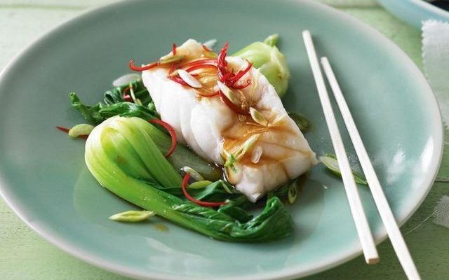 Steamed Ginger-Shallot Fish with Bok Choy and Coconut Rice
