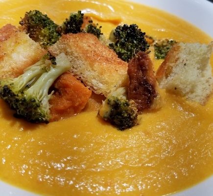 Roasted Carrot Ginger Soup w/ Roasted Veggies and Home Made Croutons