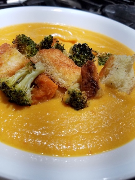 Roasted Carrot Ginger Soup w/ Roasted Veggies and Home Made Croutons