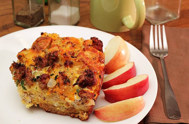 Glazed Onion and Sausage Breakfast Bread Pudding With Apples and Sherry